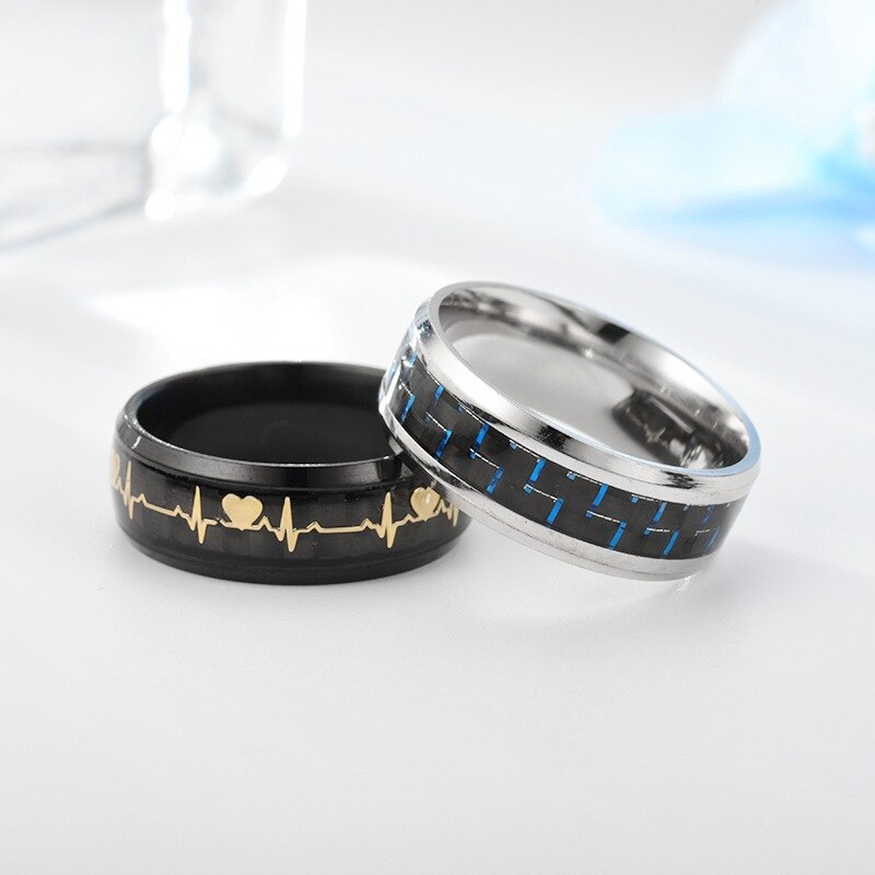 1pc luminoso humor ecg anel de aço inoxidável fibra carbono casal anel de casamento promessa coração anel brilhante jóias para homens