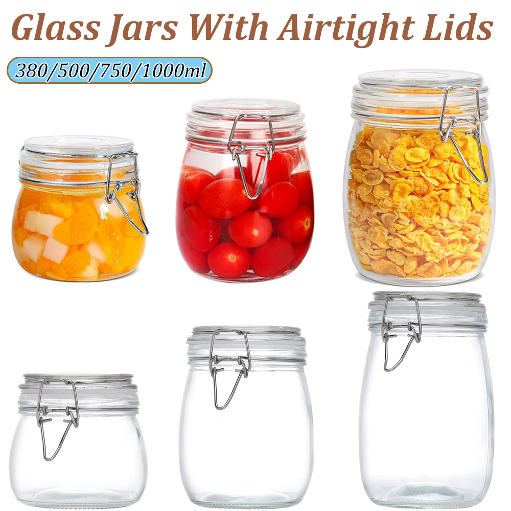 Bocaux en verre transparent avec couvercles articulés hermétiques et joint en caoutchouc anti-fuite, conteneurs en verre de stockage à bouche large de 380/500/750/1000ml