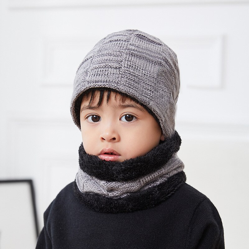Vinter beanie cap tørklæde sæt varme strik hatte kraniet cap med tyk fleece foret vinter hat & tørklæde til børn børn: Børn -3