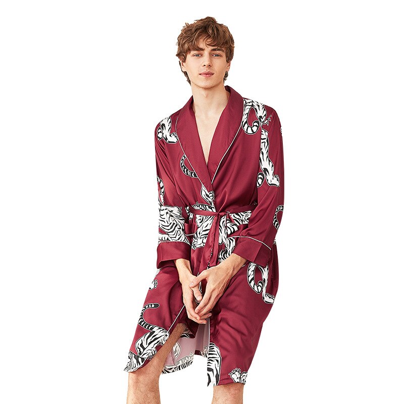 Summer Satin Kimono Bathrobe Men Robe Flower Print Nightwear Bath Gown Long Sleeve Silk Sleepwear Long Bathrobe Pijama