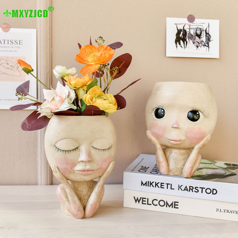 Pop met grote ogen, vaas van hars, figuur, sculptuur, knutsel- en opbergcontainer, bloemstukcontainer, huisdecoratie, accessoires