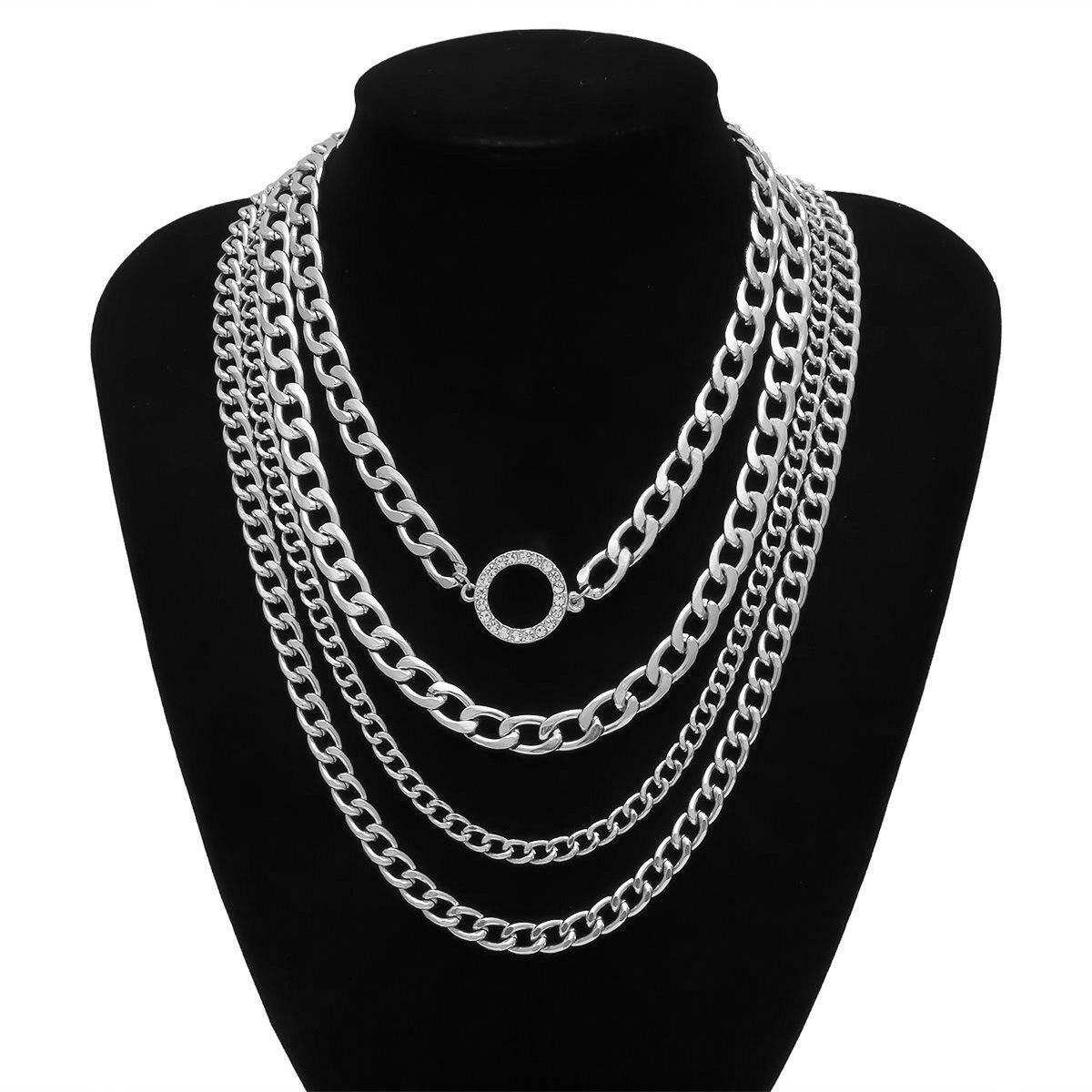 Jewelry Necklace Exaggerated Punk Multilayer Necklace Rhinestone Circle Thick Chain Necklace Women Statement Necklace: silver