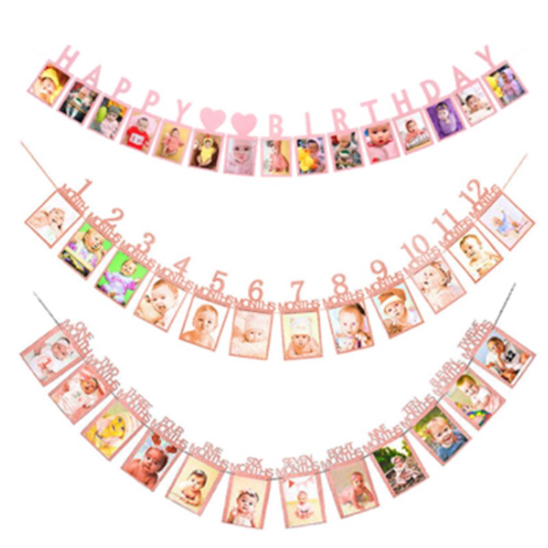 1 Set Happy Baby 1st Birthday Photo Frame Banner for Family First Party Favors Kids Boy Girl Supplies 12 Month Decoration
