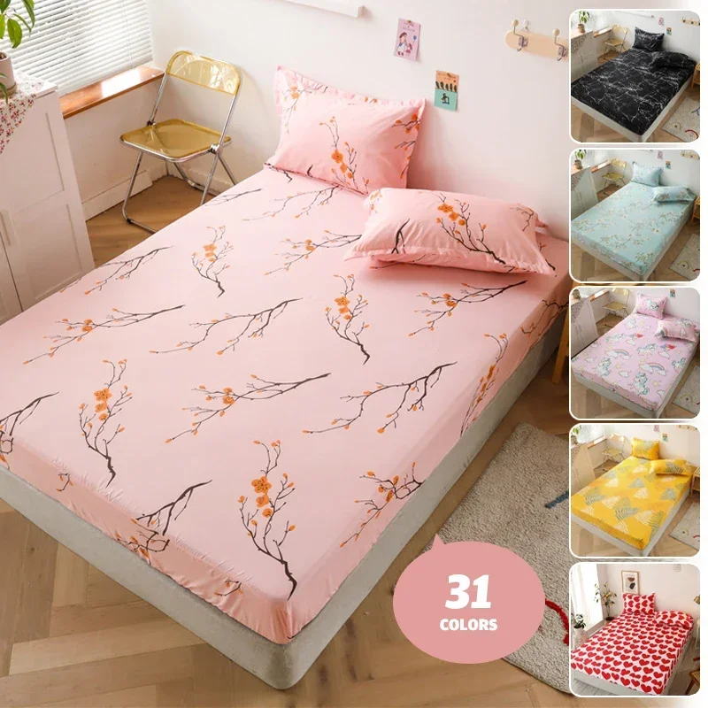 Polyester Print Fitted Sheet with Elastic Band Non Slip Mattress Cover Pillowcase for Single Double Bed 90/120/150/180cm