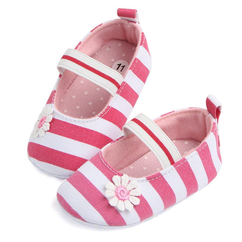 Pasgeboren tot 18 m Zuigelingen Baby Meisje Zachte Crib Schoenen Bloem Gestreepte Canvas Mocassin Prewalker Zool Schoenen Baby Meisje: Roze / 0-6 months