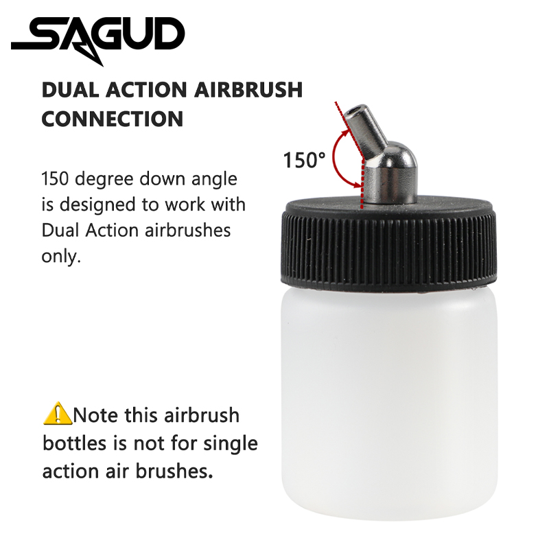 SAGUD Juego de botellas de aerógrafo con tarro de plástico de 10 piezas 30 ° /60 ° Adaptador de ángulo inferior con cubiertas de tapa de tarro para aerógrafos de acción simple/doble