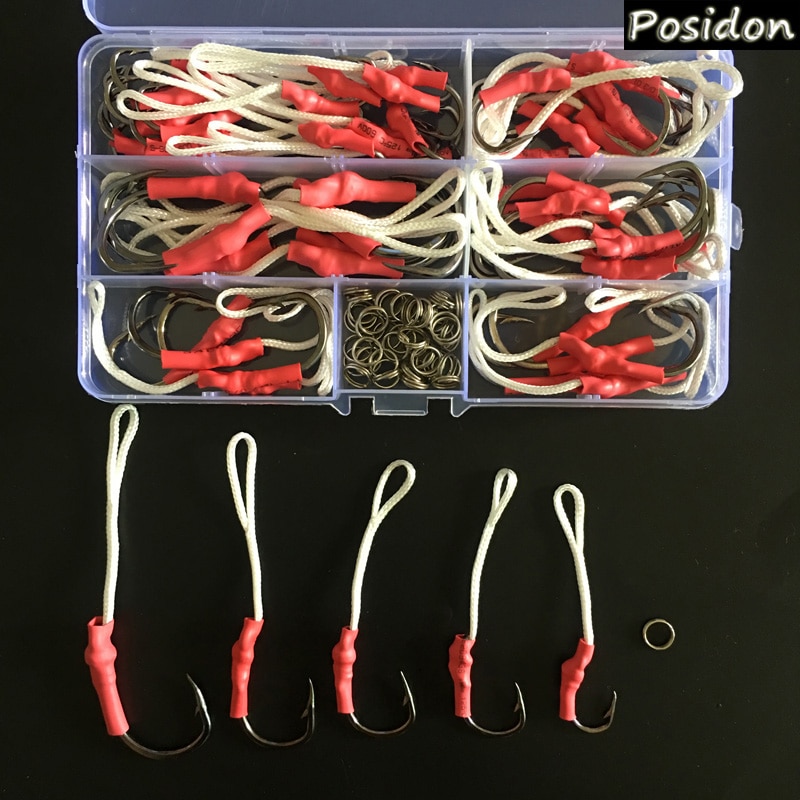 Posidon 108pcs/box 10827 Stainless Steel Assist Hooks Jig Assist Fish Hooks Jigging Bait With PE Line Split Ring For Sea Fishing