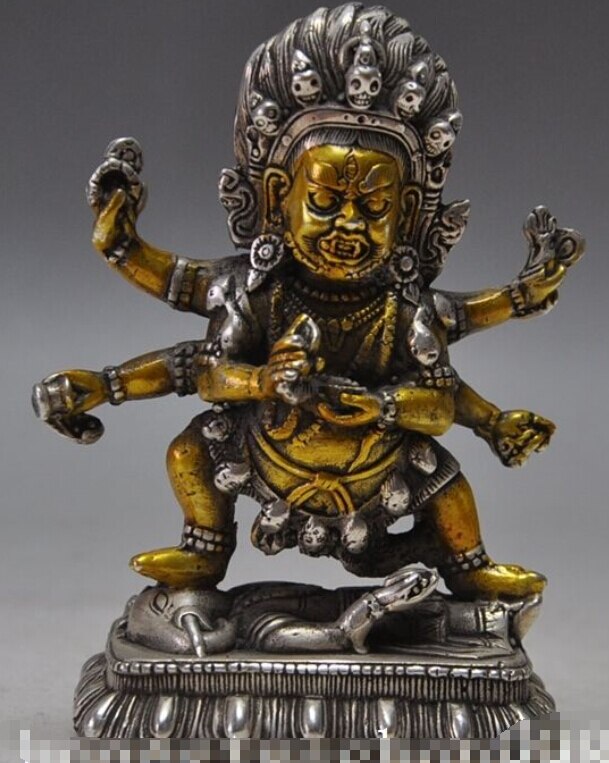 [Oude ambachtelijke] Tibet boeddhisme zilveren 6 Armen Vajra mahakala Dorje Vajrapani god boeddhabeeld 14 cm