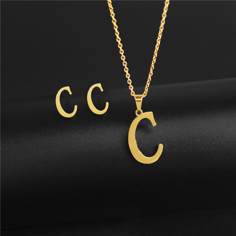 A-Z 26 charm Initial Necklace And Stud Earrings Jewelry Sets Alphabet Pendant Chain Letter mom
