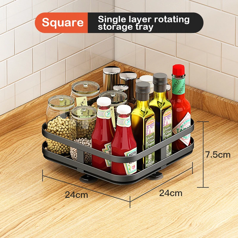 Rotation Condiment Rack Multifunctional Carbon Steel Flavour Storage Tray Round Seasonings Spice Organizer for Kitchen: Dark Khaki