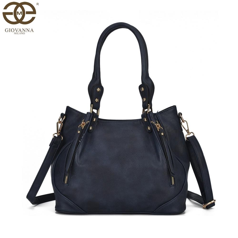 Giovanna Milano Bolso mujer de hombro grande con doblado bolsos de mano para chicas tote casual con correa ajustable y cremalleras de adorno PU en color liso cierre con cremallera tamaño oficina T10969: Azul Marino