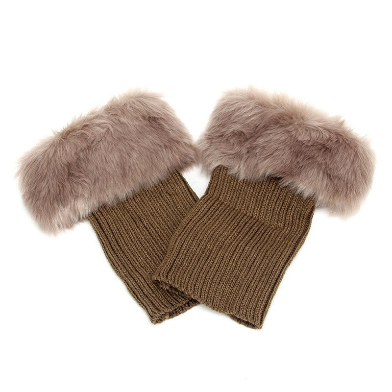 1 Pair Winter Leg Warmers Women Knitted Boot Cuffs Lady Crochet Knit Fur Trim Leg Boot Socks Toppers Cuffs: Khaki