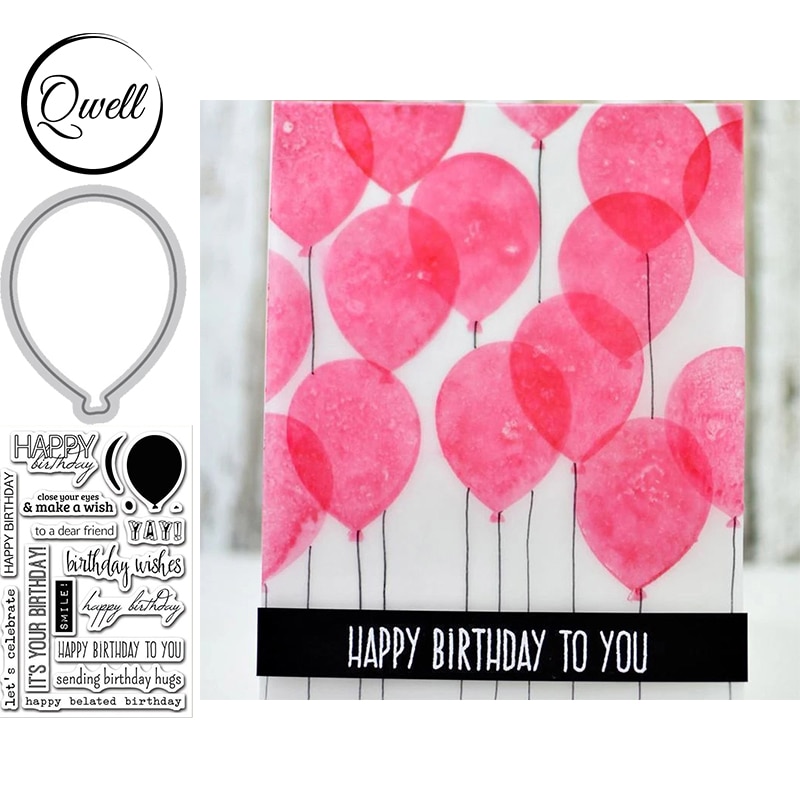 QWELL Balloon Metal Cutting Dies And Clear Silicone Stamps Birthday Wishes For Craft Paper Cards Album DIY Scrapbooking