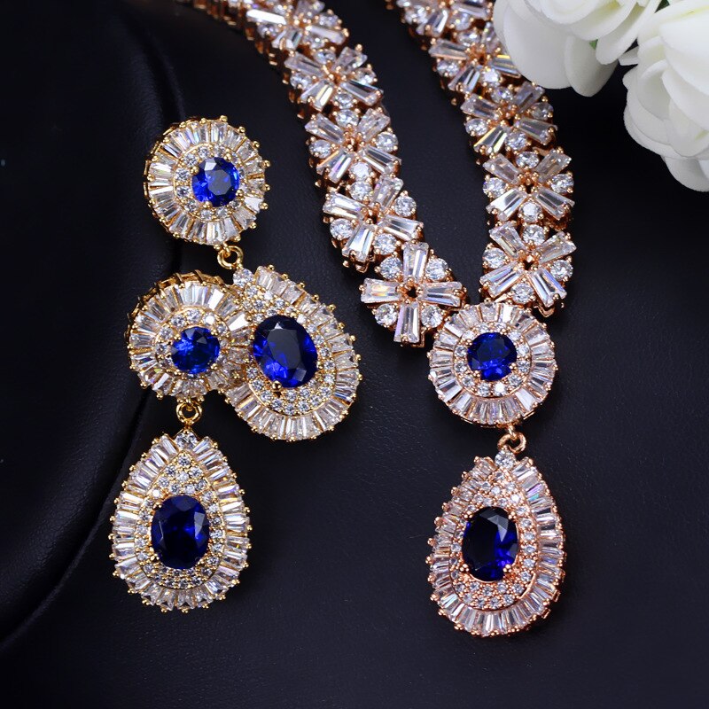 Threegraces Prachtige Zilveren Kleur Cz Grote Royal Blue Water Ketting Oorbellen Afrikaanse Sieraden Sets Voor Bruiden JS029: gold plated blue