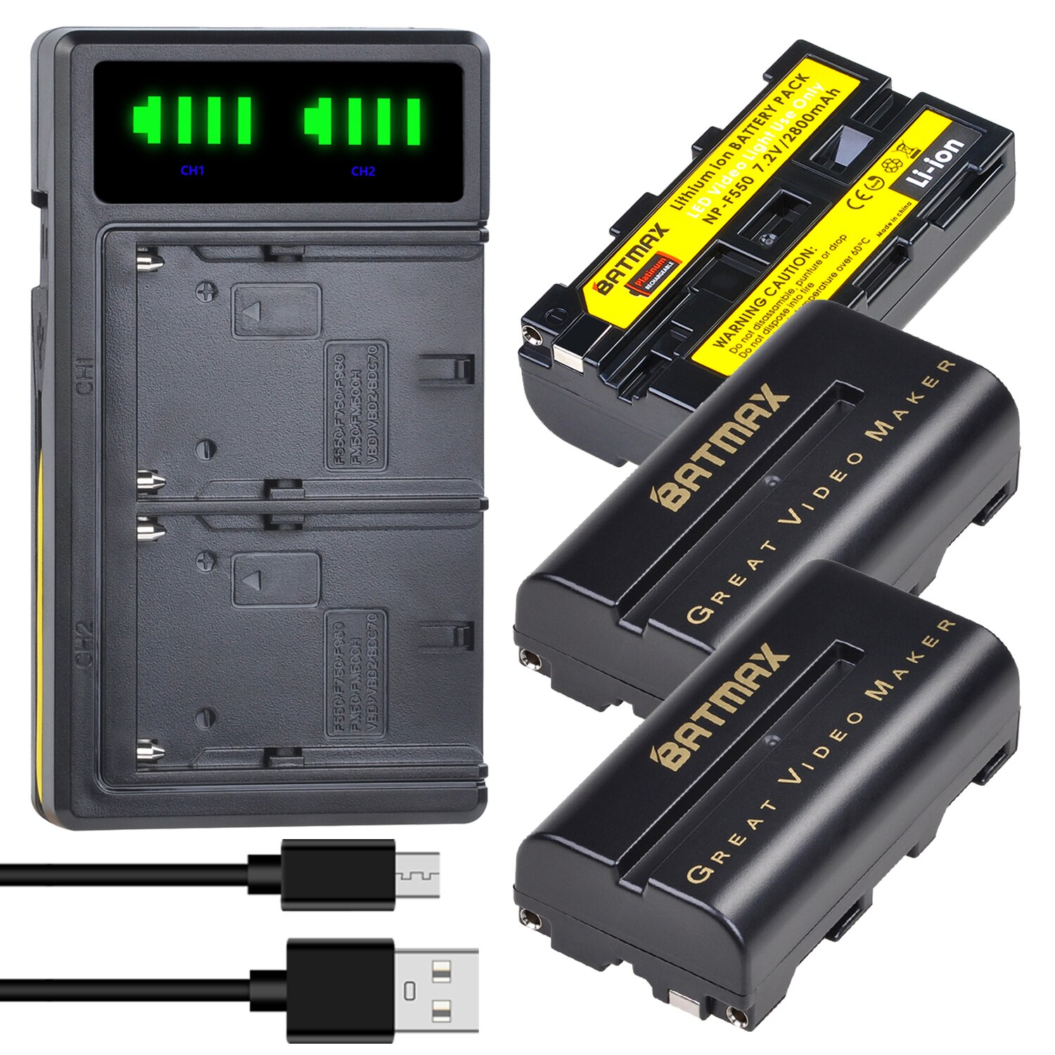Batmax NP-F550 NP-F570 F550 Batterij + Led Usb Dual Charger Voor Yongnuo Godox Led Video Licht YN300 Ii YN300 Iii YN600 Air T119S: 3battery and charger