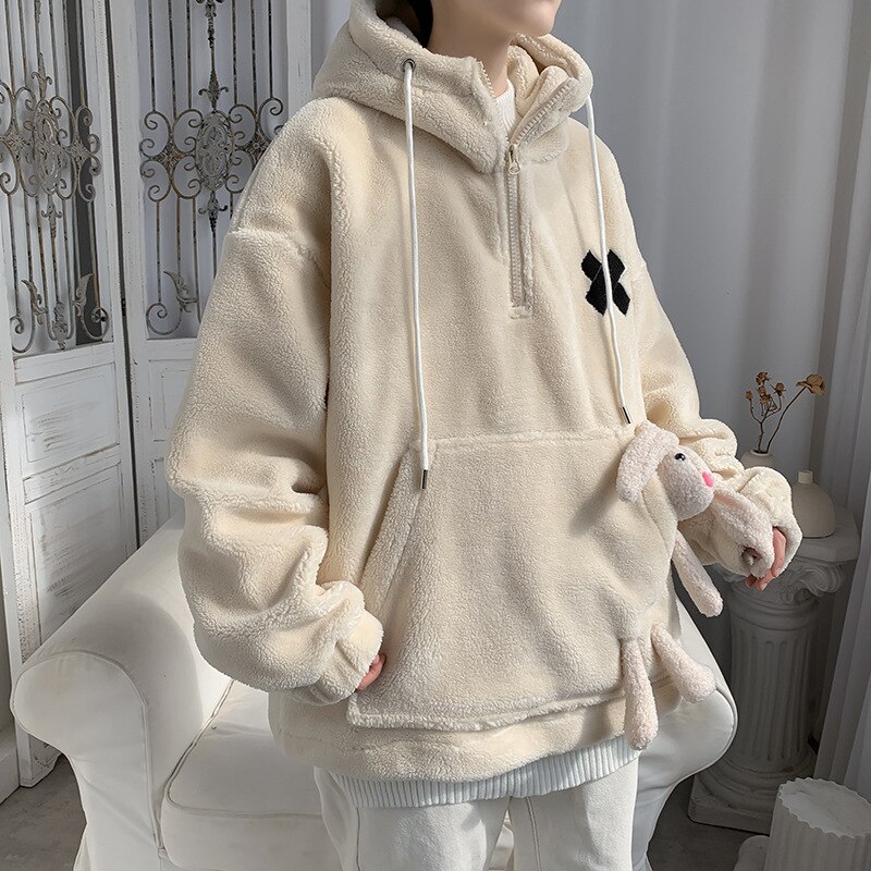 Sherpa Front Pocket Men's Hoodie Oversized Preppy Style Hooded Man Students Boy Sweatshirts: beige / XL