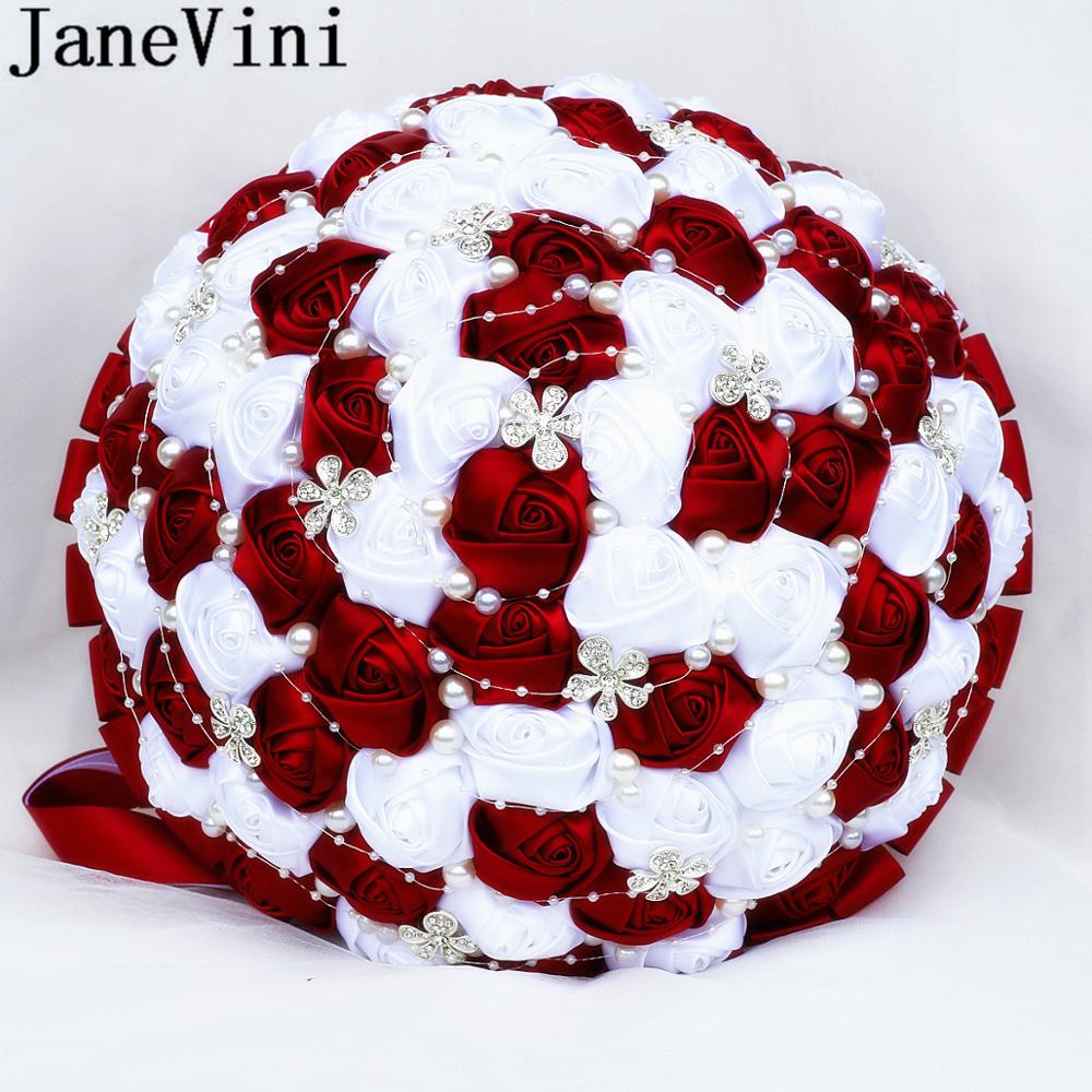 JaneVini-Ramos de boda grandes de 30CM, flores rojas oscuras, nupciales, lujosos, perlas de cristal, cuentas de diamantes de imitación, rosa de novia