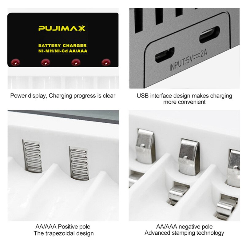 PUJIMAX 4 fentes alimentation LED affichage chargeur de batterie Intelligent Micro type-c interface pour AA/AAA ni-cd Ni-Mh batterie Rechargeable