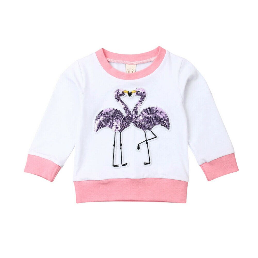 2019 Del Bambino di Autunno della Molla Capretti Dei Vestiti Del Bambino Della Ragazza Felpa Magliette e camicette A Maniche Lunghe T-Shirt Con Paillettes Flamingo Patchwork Vestiti 6 M- 4T: WHITE / 3T