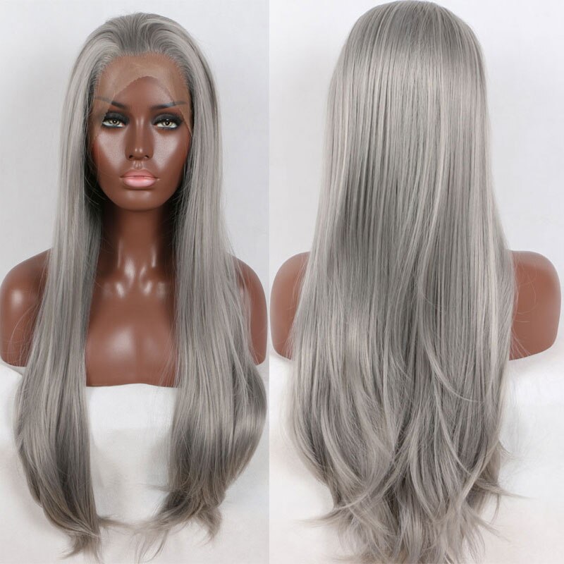Bombshell Silvery Grey Straight Synthetic Hair Lace Front Wig Heat Resistant Fiber Natural Hairline Free Parting For Women Wigs