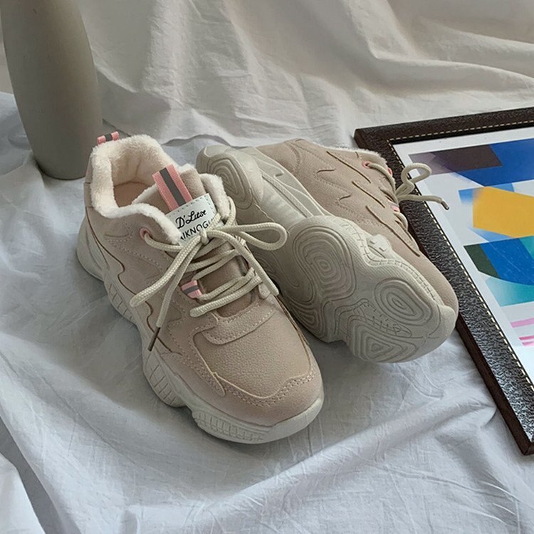 Wintersneakers voor dames, plateauschoenen voor dames, dikke vulkanische sneakers, warme, zachte beige zwarte sneakers voor dames.: Beige / 38