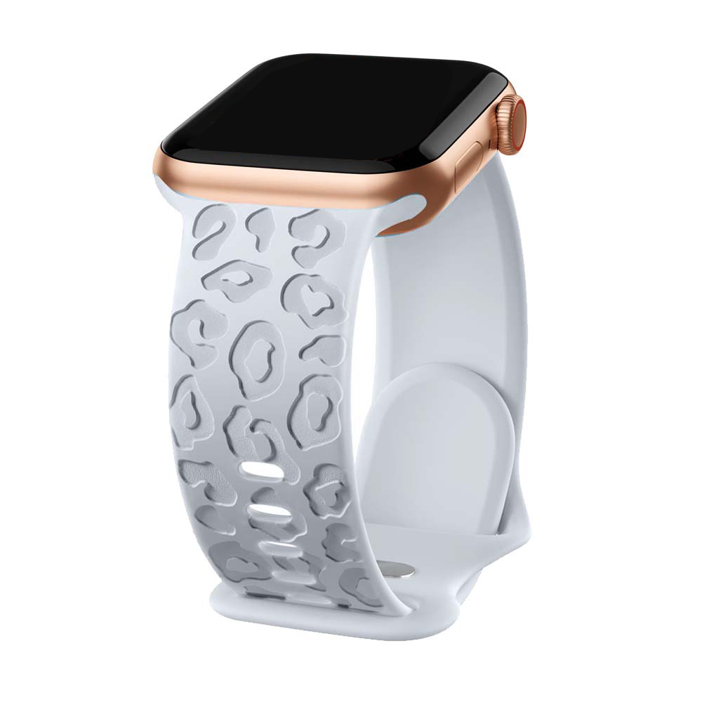 Bracelet en silicone léopard gravé pour Apple Watch Band, 44mm, 40mm, 45mm, 49mm, 41mm, 38mm, 42mm, iWatch Series 7 SE, 3, 6, 8 Ultra: Lumière blanche Broches / 20mm