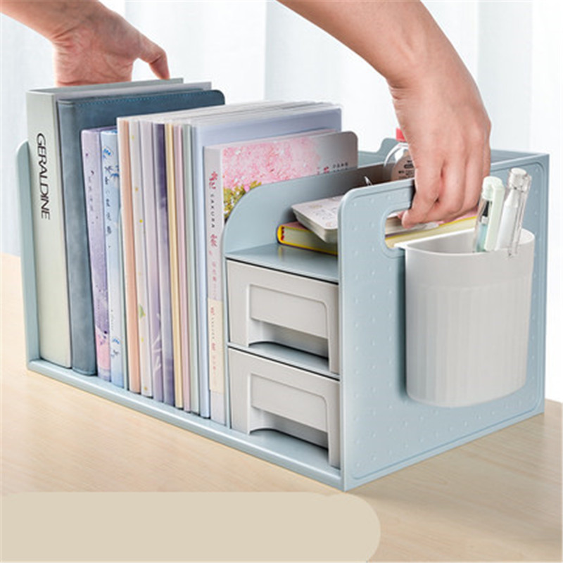 Porta-livros de plástico pp, termina com duas gavetas, suporte para livros, organizador e suporte para estudantes, mesa de escritório
