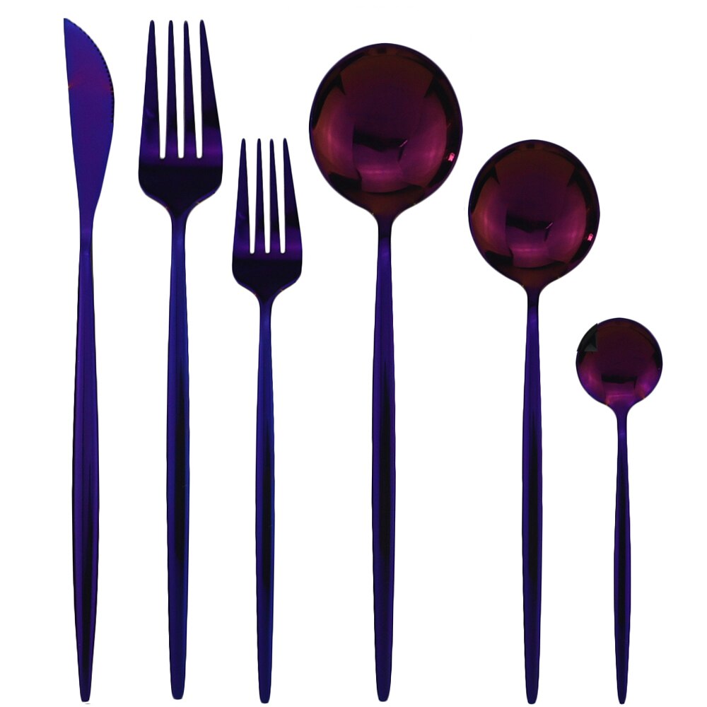 Guld bestick set köksbestick set 18/10 rostfritt stål servis set bestick servis set gaffel sked dessert set: 6 st lila