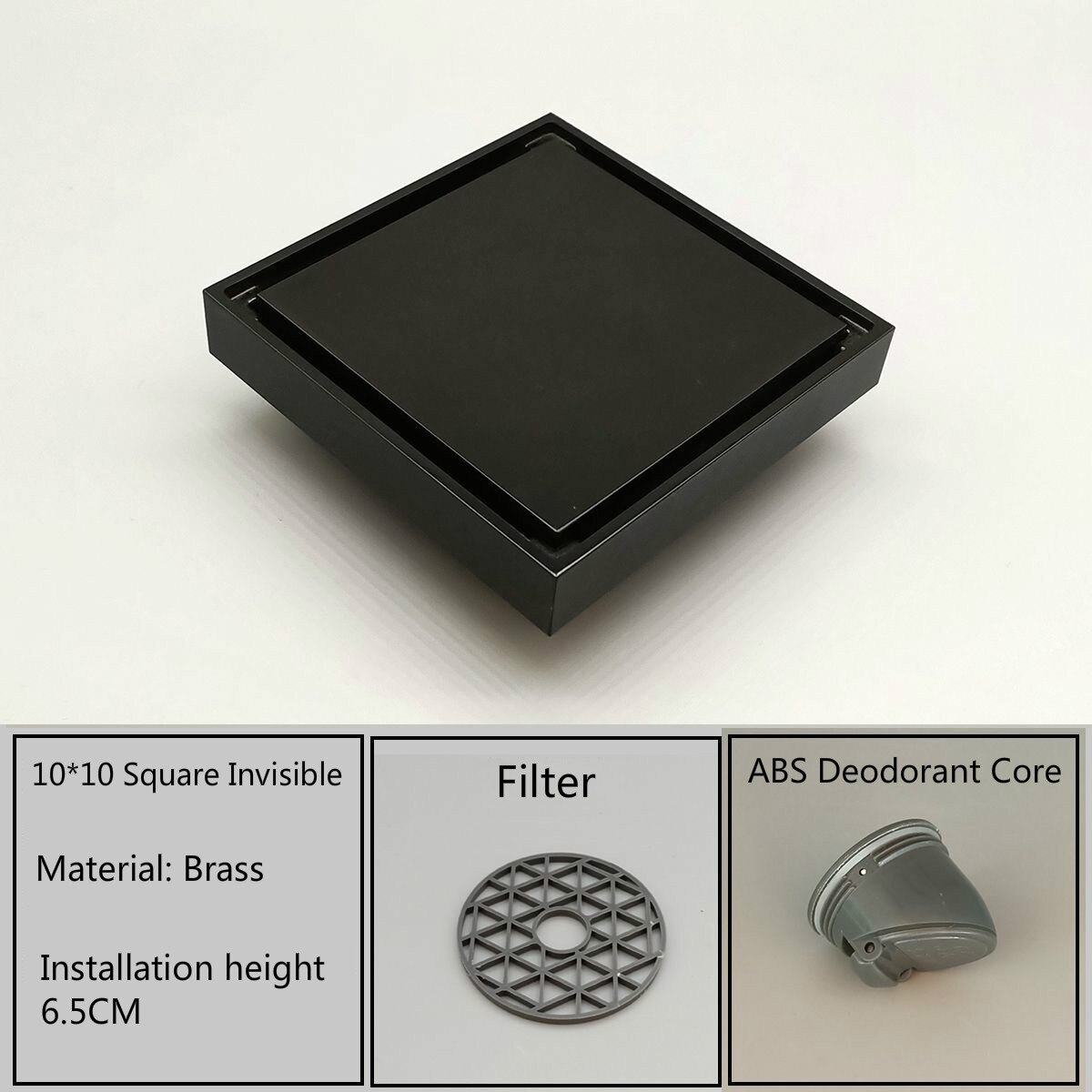 Yooap preto fosco quadrado invisível dreno de assoalho do banheiro resíduos grelha 10x10cm dreno de chuveiro dreno de assoalho preto telha inserção dreno: Matte Black