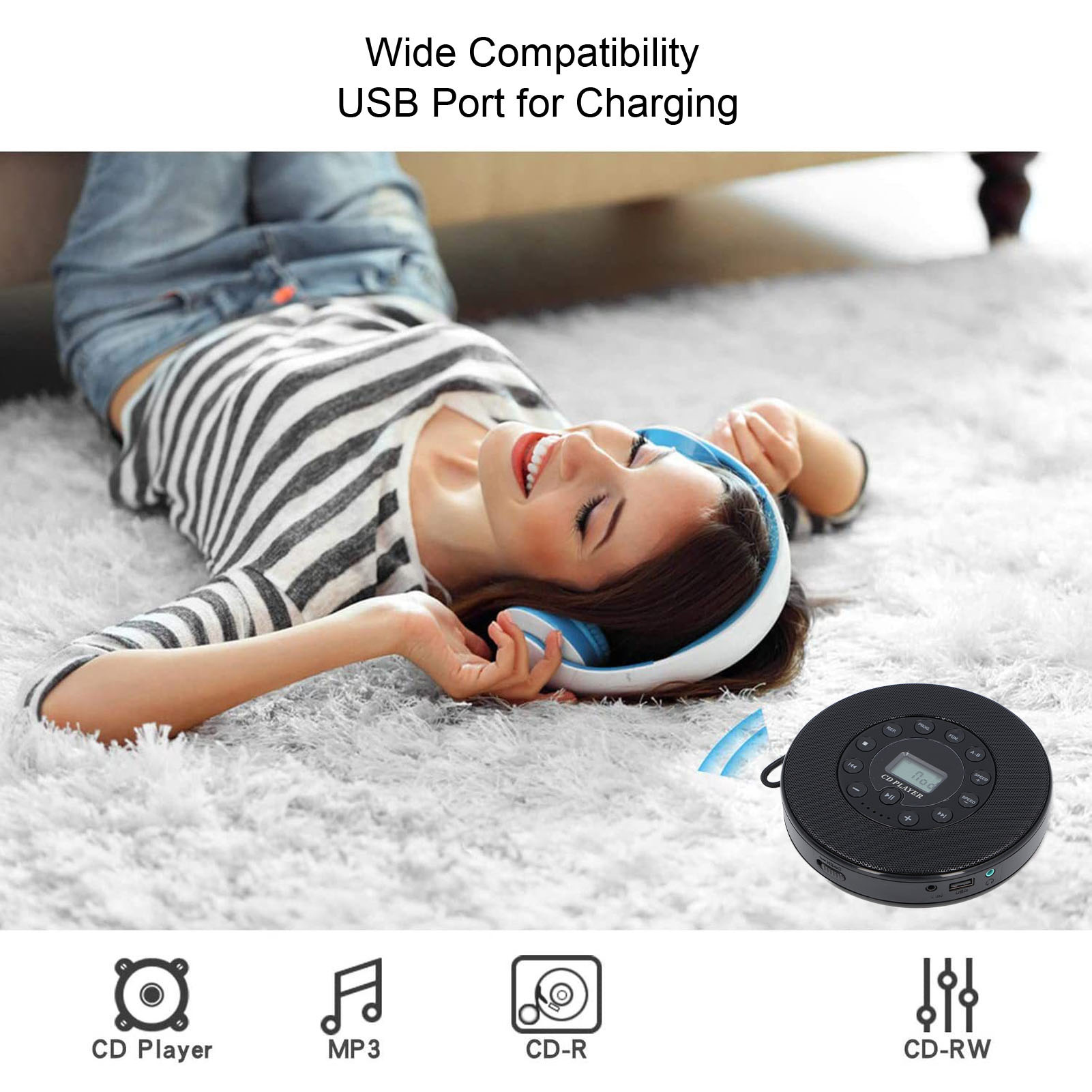Leitor de cd portátil bluetooth com alto-falante anti skip cd player para carro mp3 compatibilidade suporte gravação para usb microfone embutido