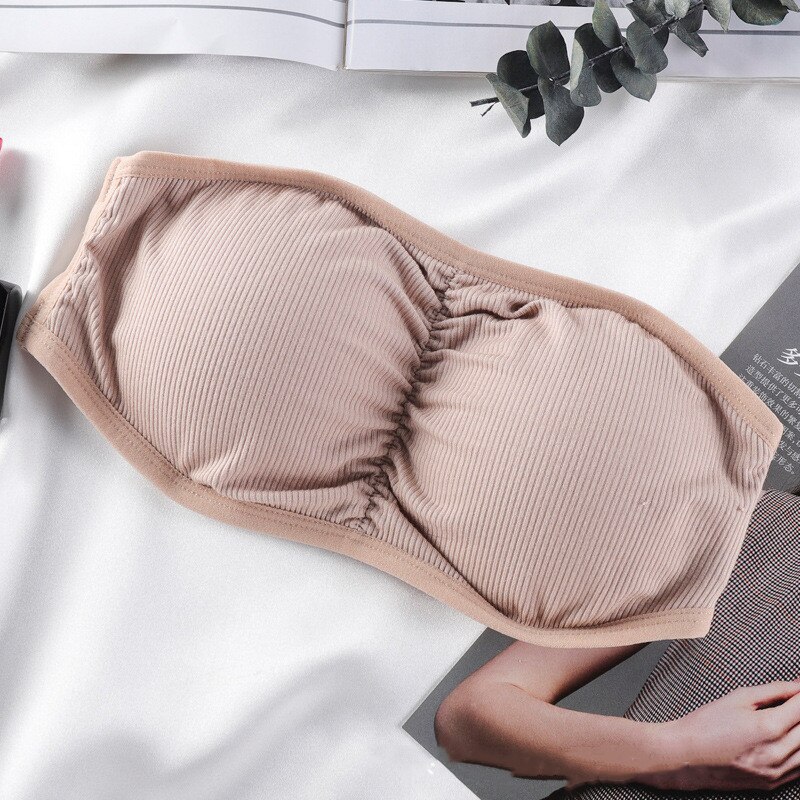 Seamless Women Tube Tops Strapless Sexy Bra Crop Top Back Closure Bandeau Top Underwear Female Strapless Bra Wrap Top: Khaki