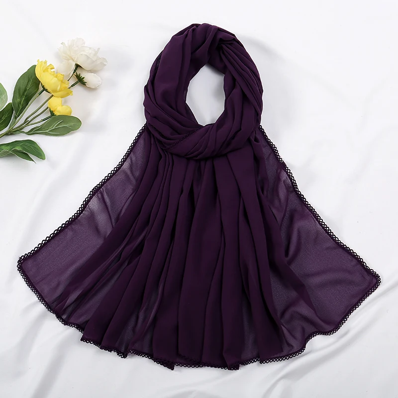 Premium Chiffon Hijab Sjaal Voor Vrouwen Tulband Sluier Kant Stiksel Sjaals Moslim Hijaabs Effen Kleur Vrouw Hoofddoek Sjaal Ramadan: GRIJS