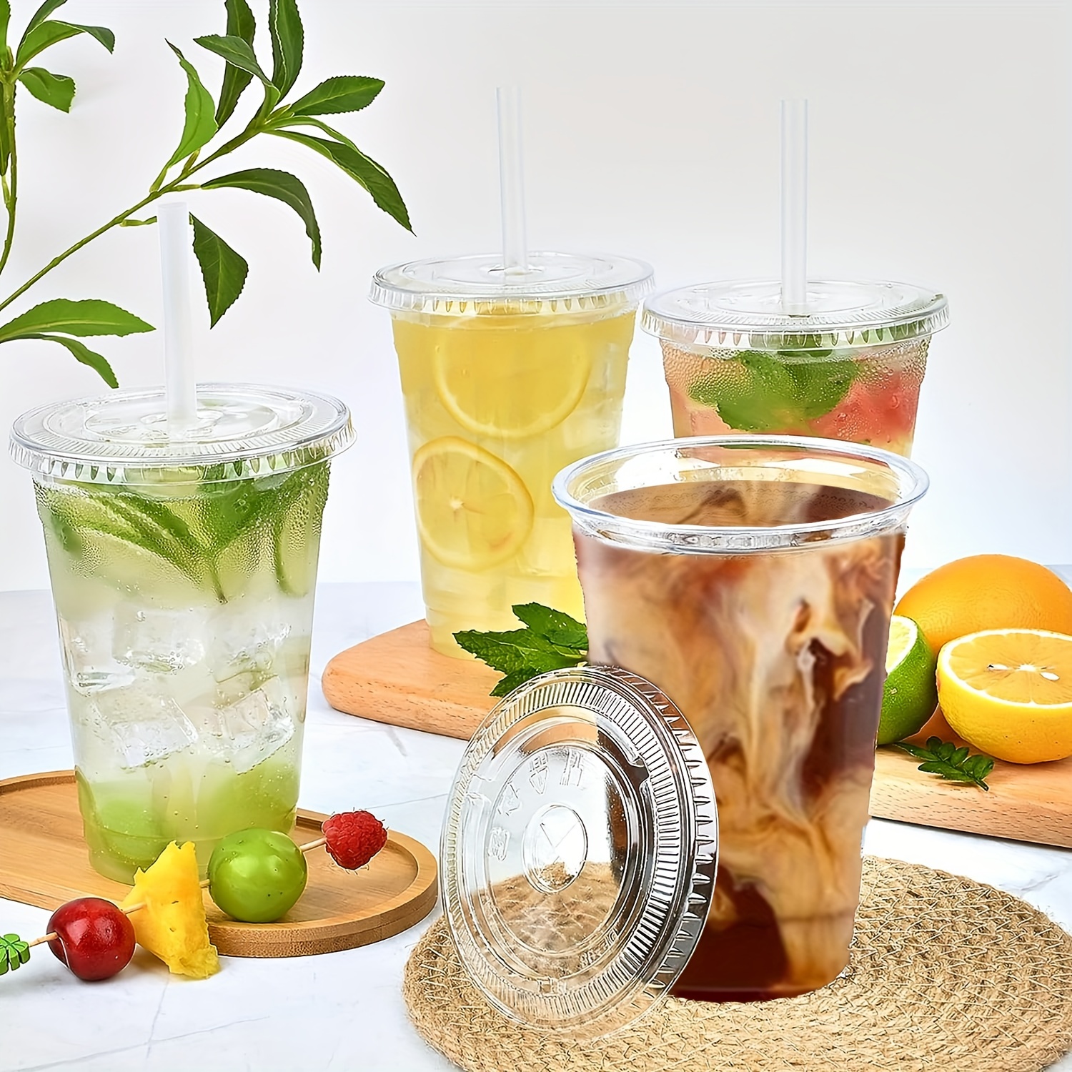 50 Sets 12/16/20 Unzen Kunststoffbecher mit Deckel, transparente Einwegbecher für Partys, Eiskaffee, Smoothie, Milchshake, kalte Getränke