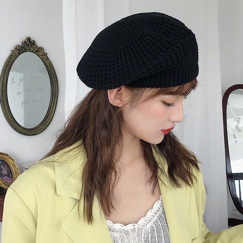 Women Knitted Beret Hat Painter Hat Solid Korean Version Vintage Beanie Hat Caps