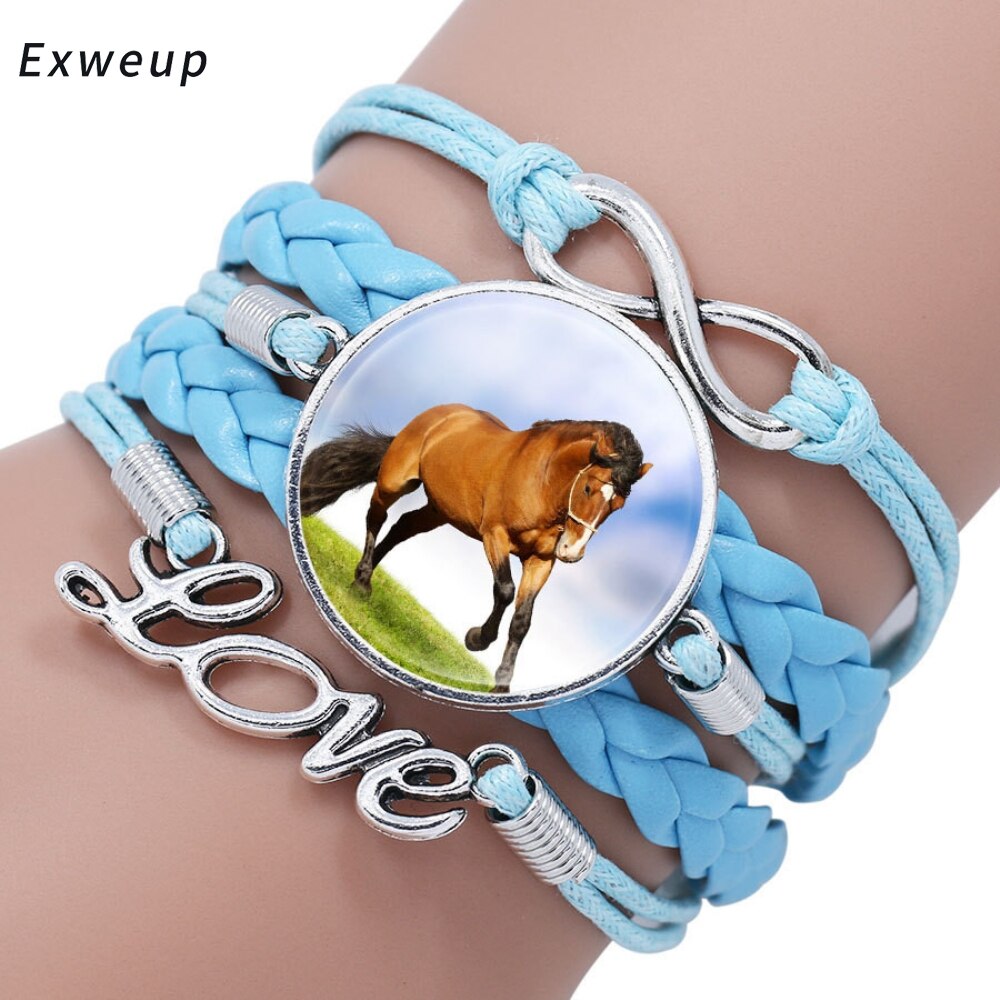 Exweup Vintage Horse Pattern Black Leather Bracelets Bangles Love letter Crystal Gem stone Bracelets Women Bangle Wristbands