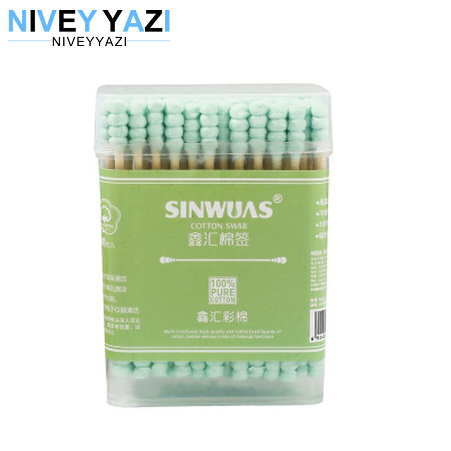 100pcs Bamboo Cotton Swab Wood Sticks Soft Cotton Buds Double Head Cotton Swab Nose Ears Cleaning Health Cosmetics Care Tools: Green