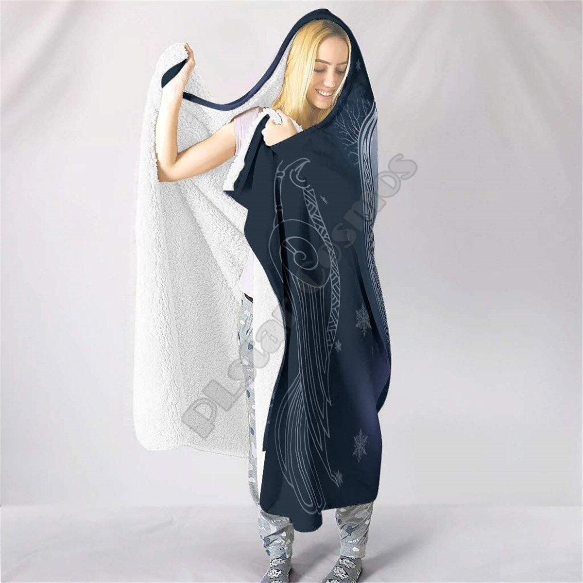 Viking Norse Huginn & Muninn Odin 'S Ravens Hooded Deken Volwassen Kleurrijke Kind Sherpa Fleece Wearable Deken Microfiber Beddengoed