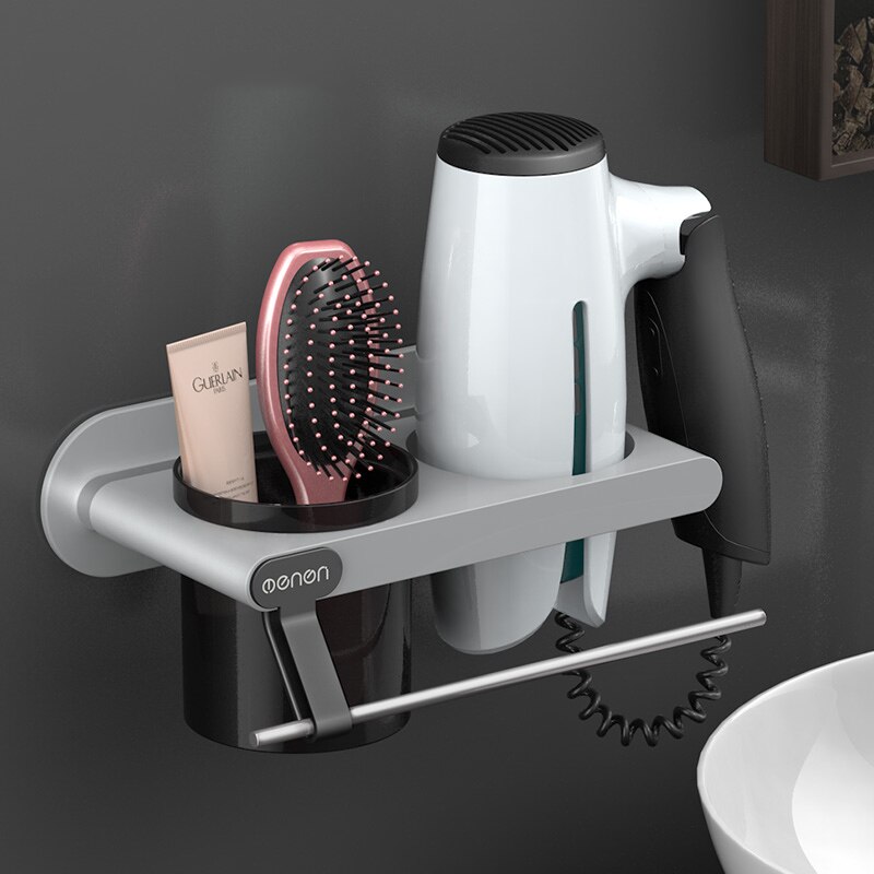 UNTIOR Plastic Föhn Houder met Storage Cup Wall Mount Föhn Plank Opslag Nail Gratis Slaapkamer Badkamer Accessoires Set: Gray2