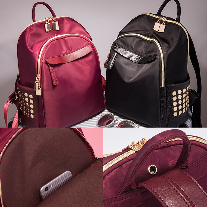 Women Dark Red Casual Laptop Backpacks Splashproof Nylon Casual Daypack Schoolbag Travel Shopping Ladies Rucksack Cute Bags