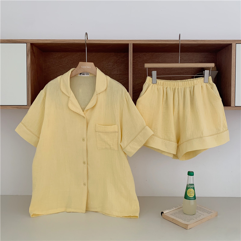 Pyjama coréen chic de couleur pure pour femmes, vêtements de maison d&#39;été en gaze de coton, ensemble de 2 pièces à manches courtes, vêtements de nuit respirants Y900