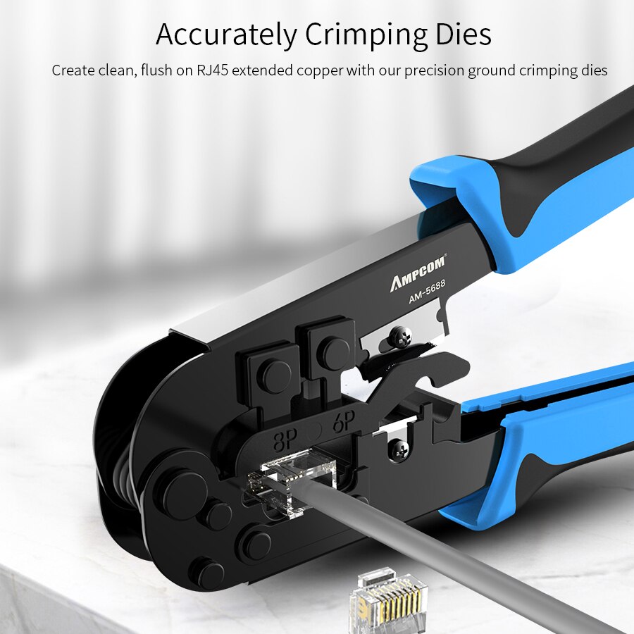 AMPCOM Crimping Tool RJ45 and RJ12, RJ11 Crimper Cutter Stripper Network Cable CrimpTool for 4P 6P 8P RJ-11/RJ-12 RJ-45