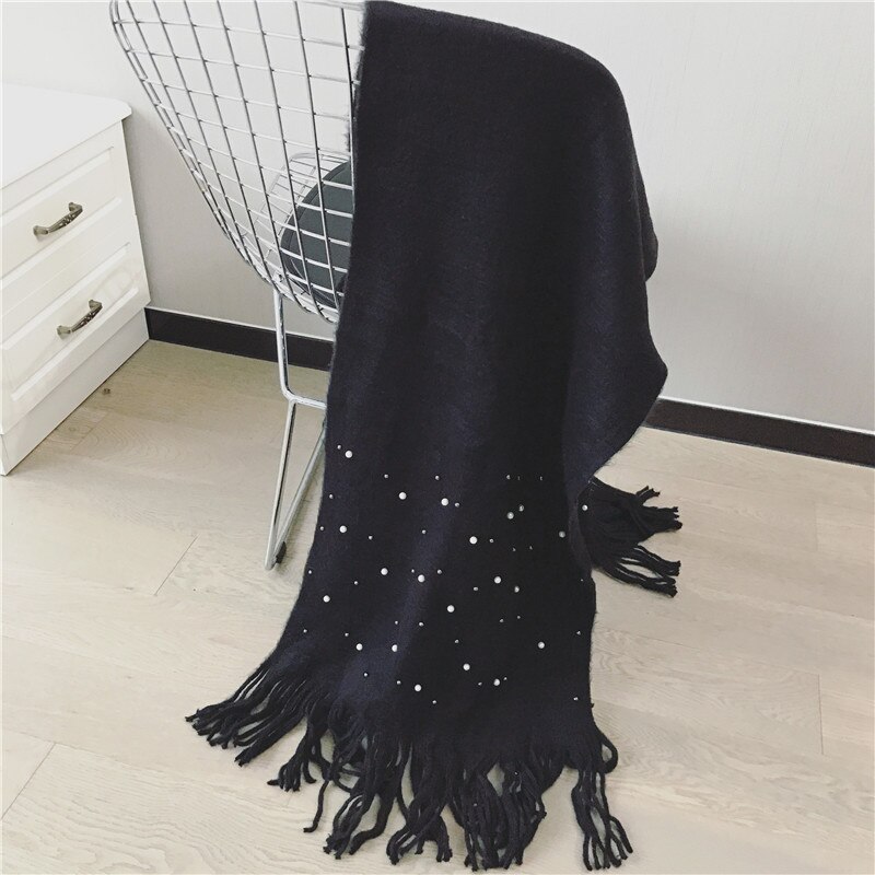 Bufanda tejida cálida de invierno para mujer de de Luna y Delfín, bufandas suaves con cuentas de perlas y perlas, bufanda de lana con borlas, manta Pashmina grande