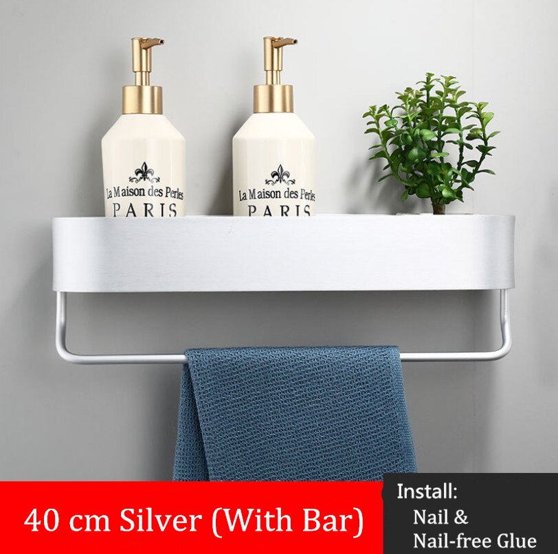 Utrymme aluminium silver badrumshyllor kök vägg hylla dusch förvaring handduk bar badrum tillbehör 30-50 cm längd: 40cm silver med bar