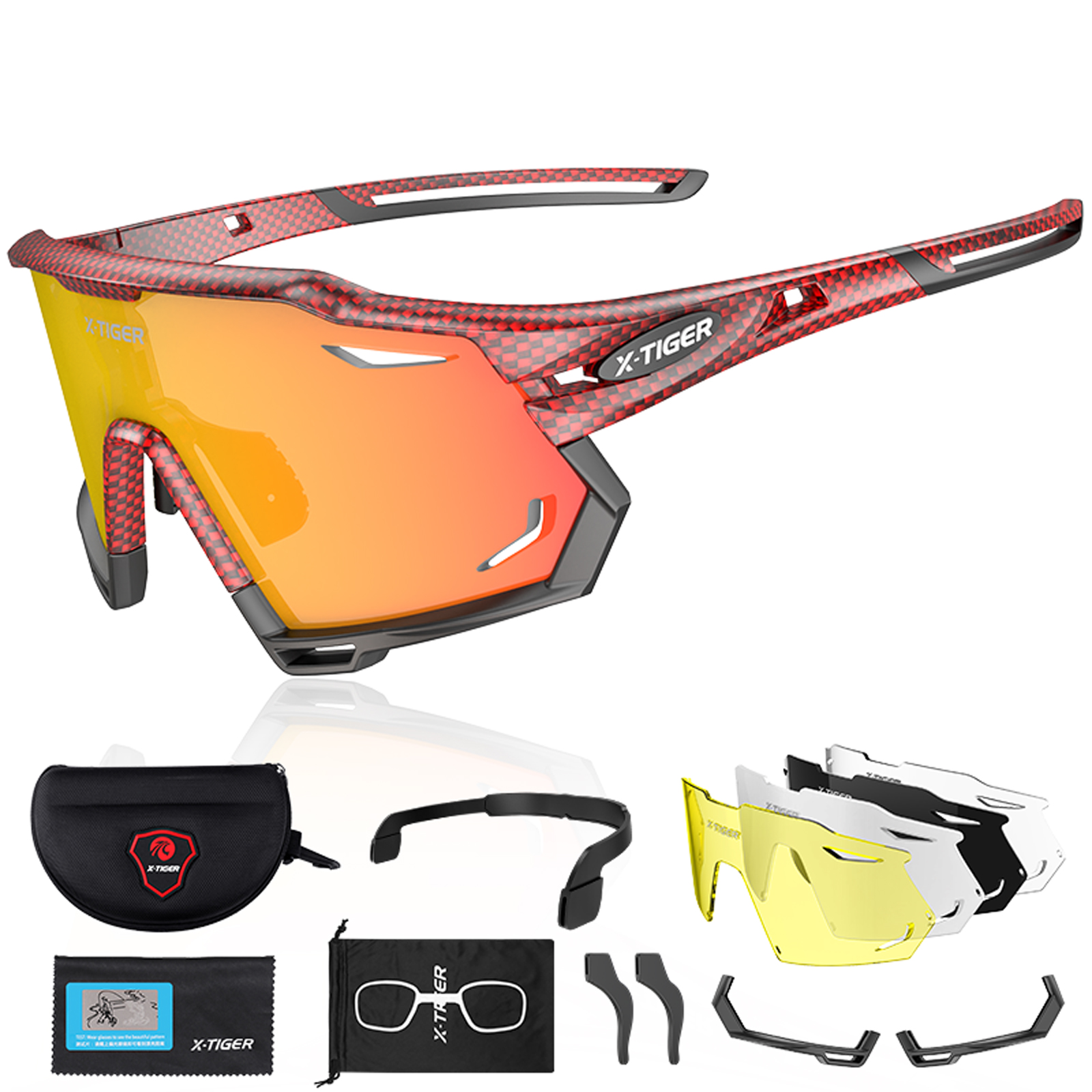 X-TIGER Gafas de ciclismo polarizadas con 5 lentes intercambiables MTB Ciclismo Béisbol Correr Gafas de sol deportivas para hombres y mujeres: Castaño / Rojo