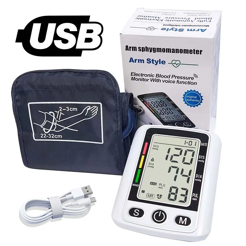 Tonómetro portátil digital lcd braço tensiímetros monitor de pressão arterial medidor de freqüência cardíaca grande manguito esfigmomanômetro cuidados de saúde: Preto