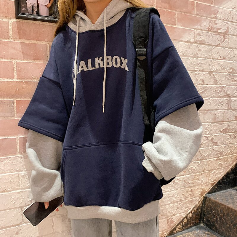 Hoodies Women Aesthetic Thicker Korean BF Ulzzang Embroidery Letter Long Loose Pullovers Hooded Warm Students Daily Womens: navy blue / M