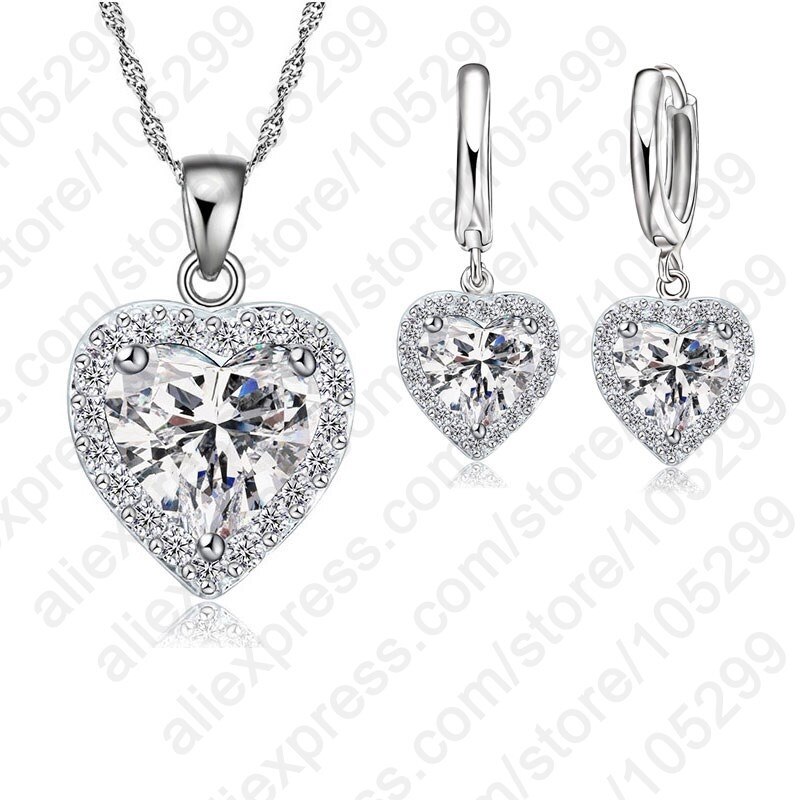 coréen tendance coeur bijoux ensembles 925 en argent Sterling cristal pendentif collier cerceau boucle d'oreille femmes accessoires