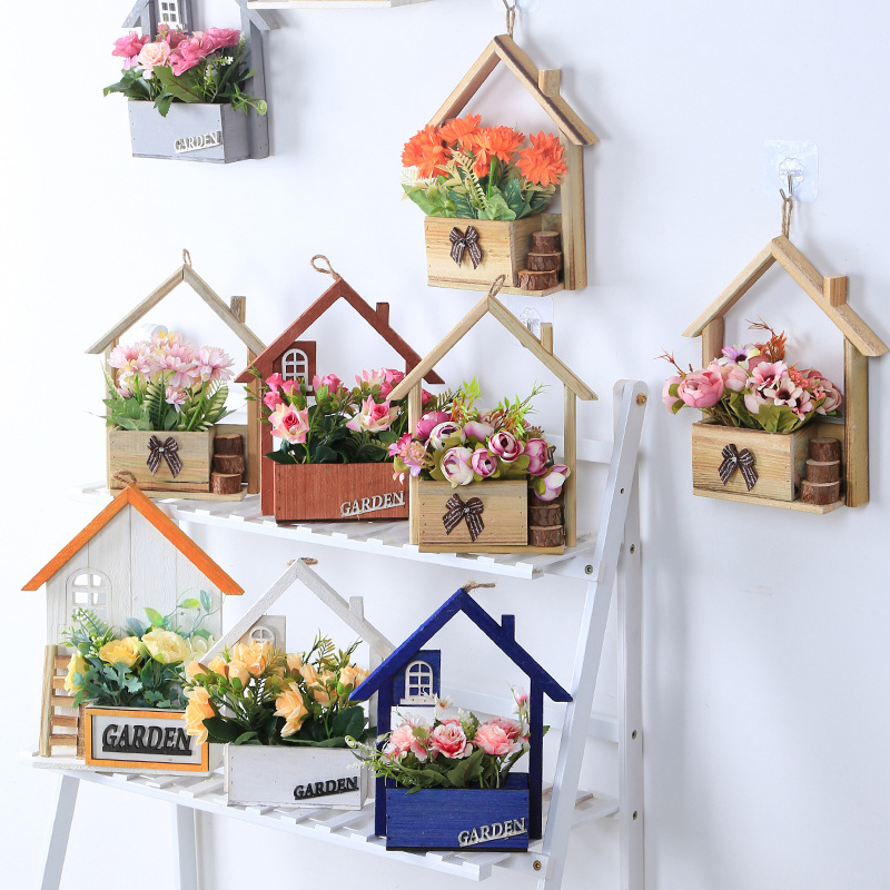 Creatieve Houten Huisvormige Muur Opknoping Decor Bloemenmanden Bloemen Plant Pot Container Woonkamer Home Decoraties Ambachten