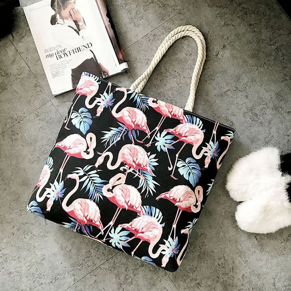 Flamingo Frauen Leinwand Tasche Große Strand Schulter Taschen Casual Weibliche Tote Hand Tasche Großen Einkaufstasche Weibliche Schulter Taschen CJ875: Black 2