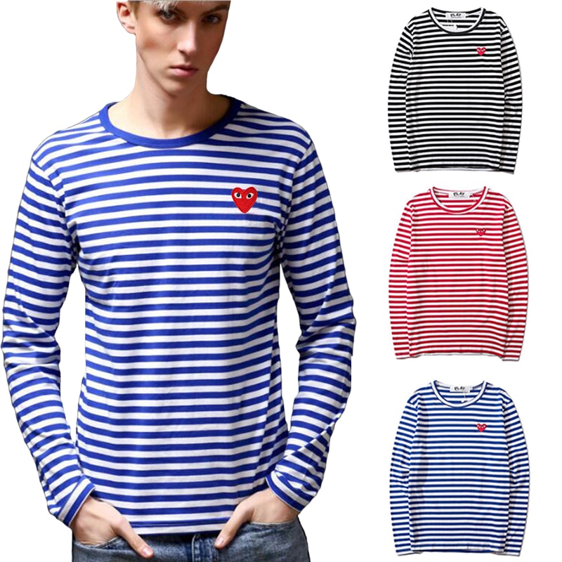 Spelen Mannen Vrouwen Gestreepte T-shirt Liefde Borduren Katoen Ronde Hals Lange Mouwen Rechte T-shirt Lente Zomer Paar T-shirt